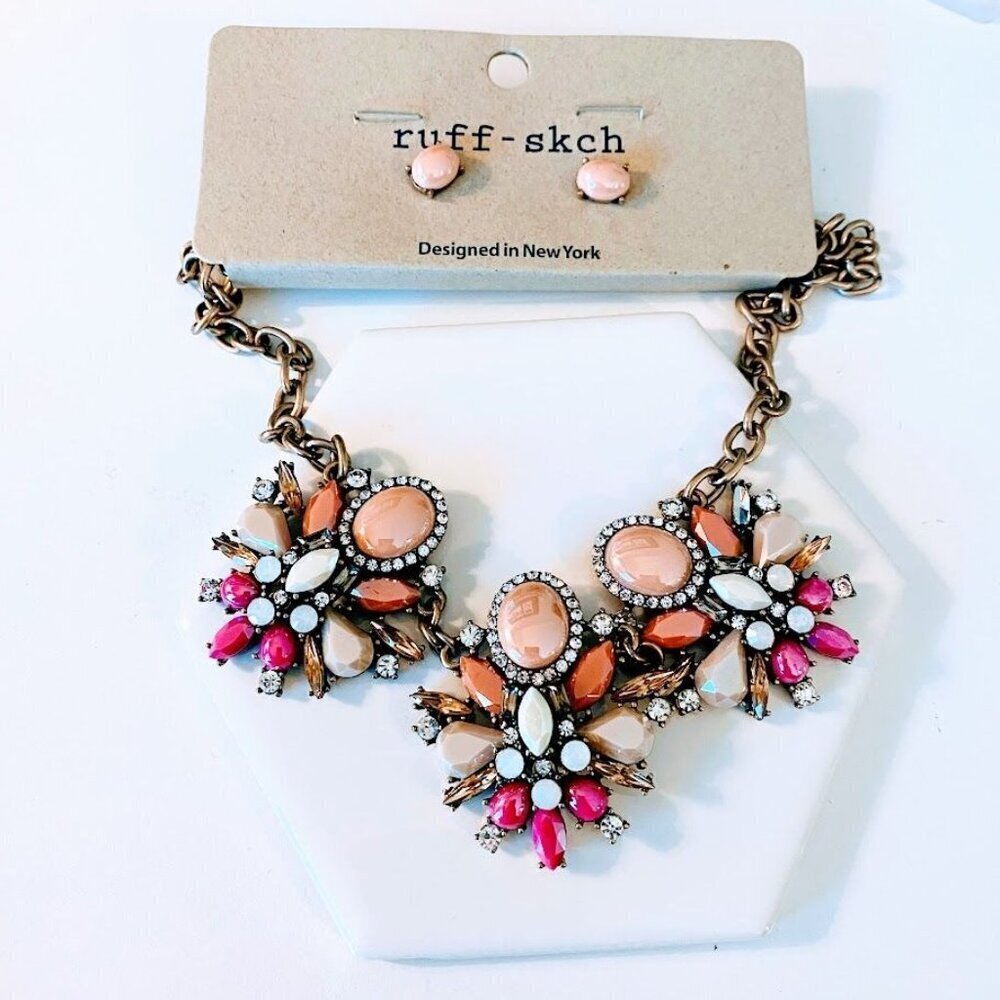 Ruff-Skch Statement Necklace & Earrings Set Multi-Color Gemstones & Rhinestones